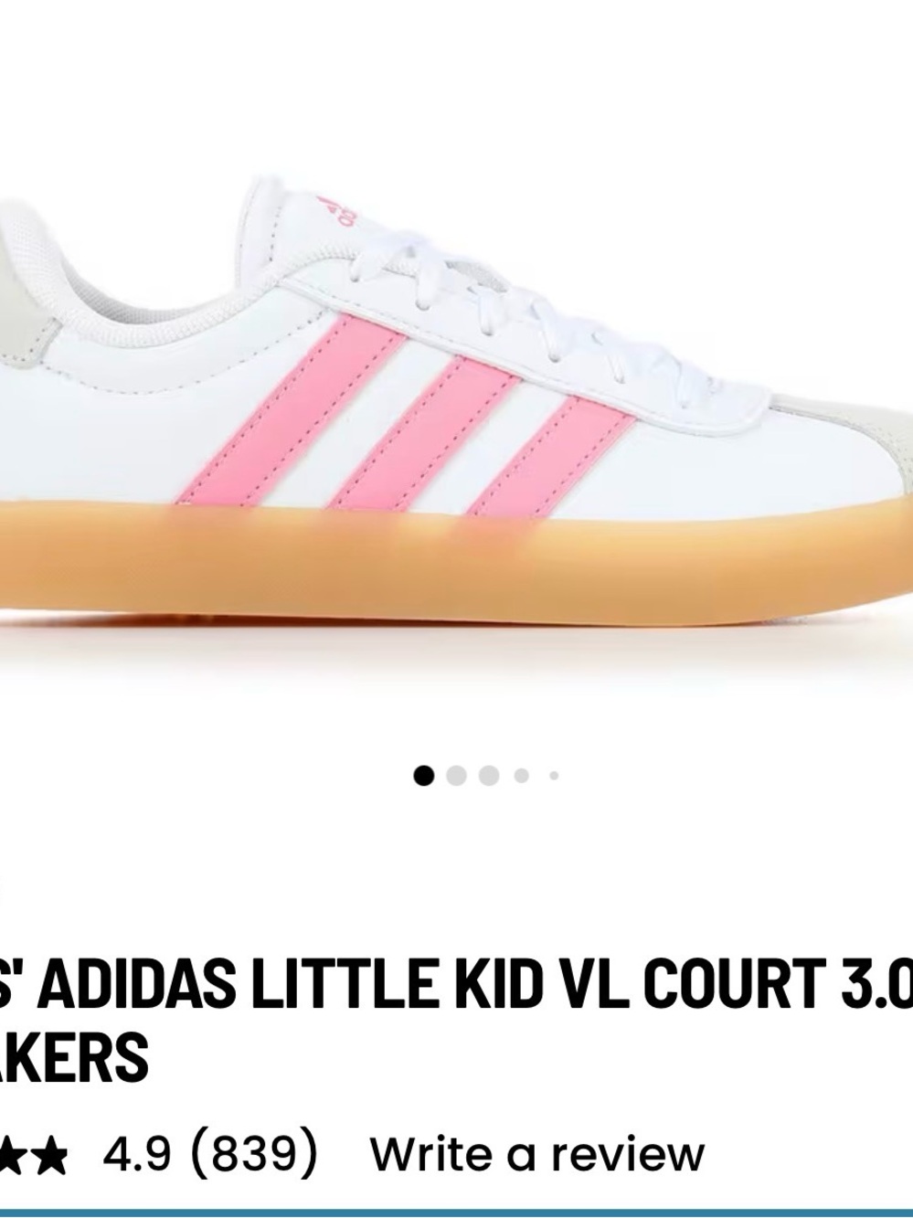 adidas Kids Sneakers White with Pink Stripes and Gum Sole
